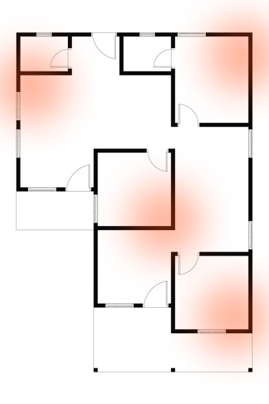 Multiple active areas marked for cockroach gel bait placement.