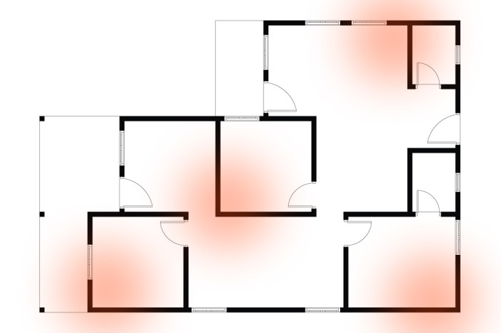 Multiple active areas marked for cockroach gel bait placement.