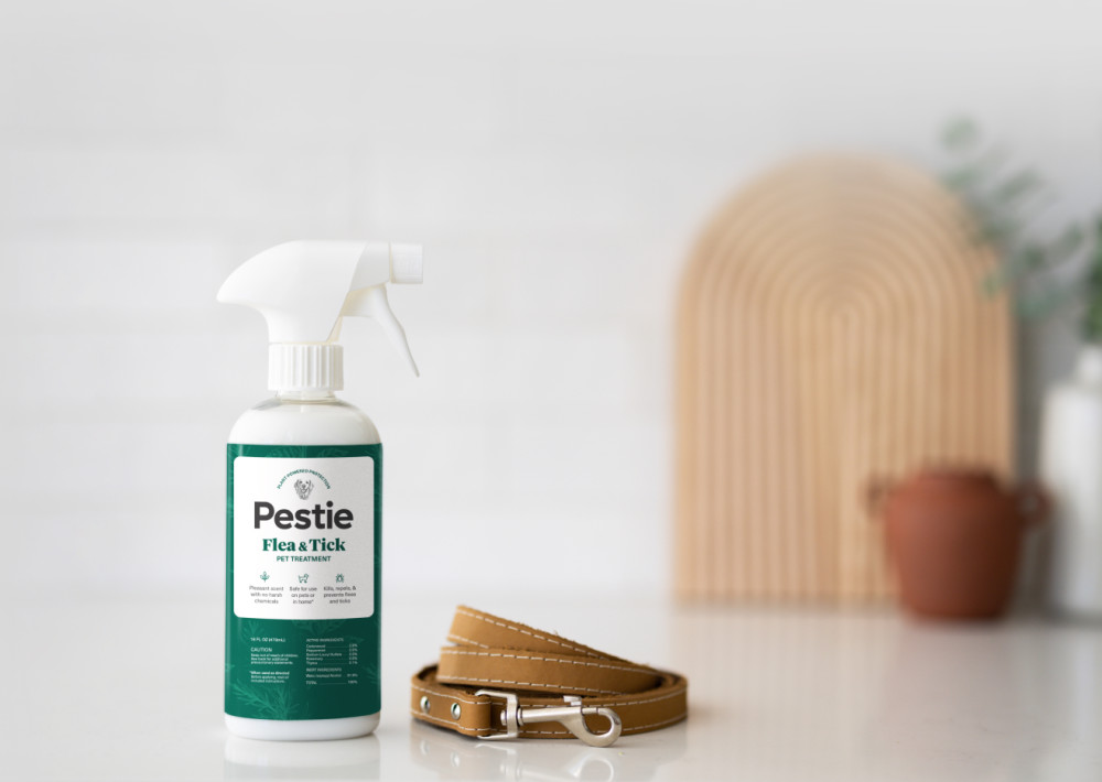 A Bottle of Pestie Flea & Tick Pet Treatment next to a dog leash on a white counter.