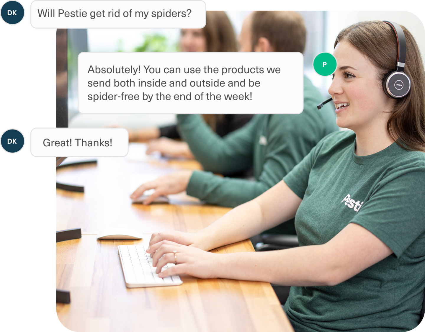 Customer service agents in background with text boxes with a chat conversation in the foreground.