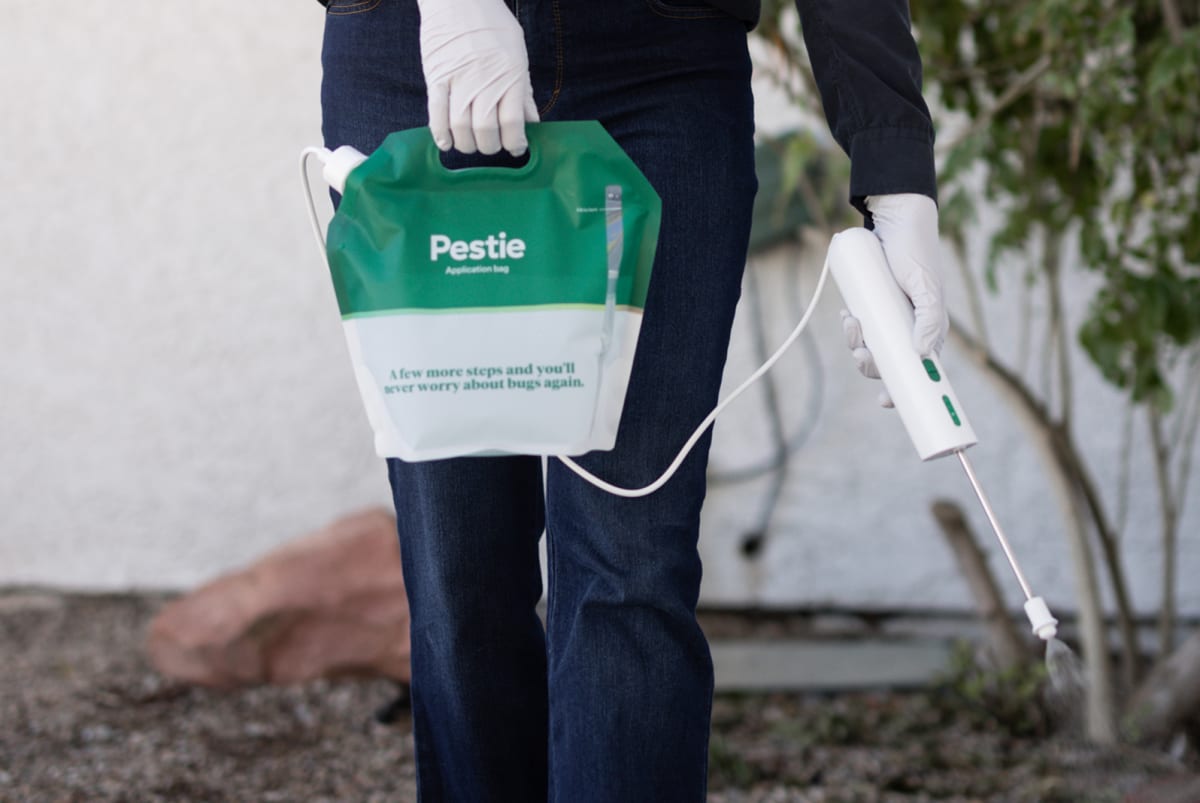 Woman spraying Pestie on foundation of house.