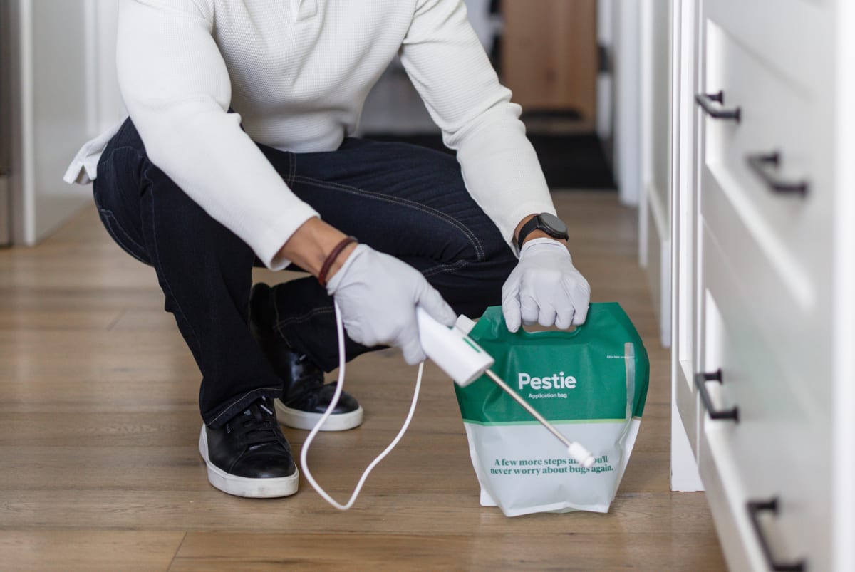 Man spraying Pestie inside on baseboards.