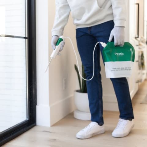 Man spraying Pestie inside on baseboards.